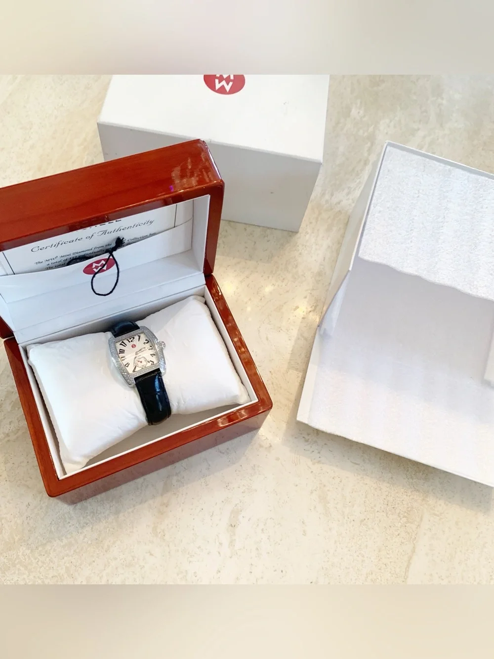 Michele Silver Crystal-Trim Watch with Black Leather Strap